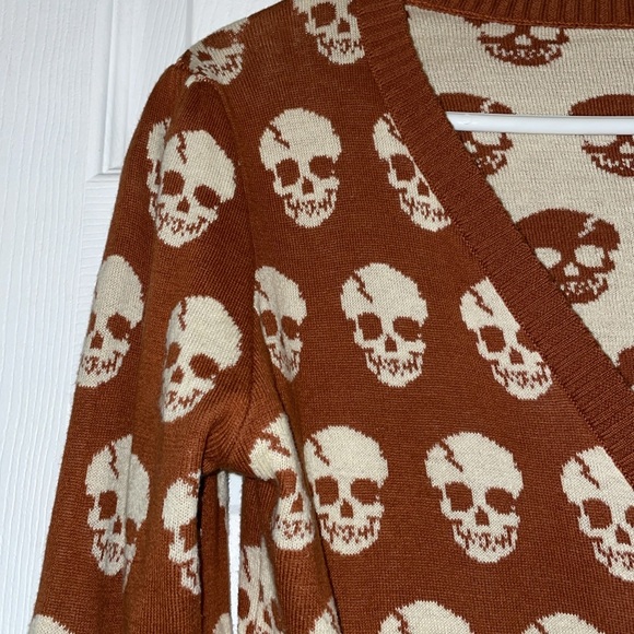 RARE skeleton skull cardigan rust brown tan sweater rockabilly punk metal goth - Picture 3 of 11